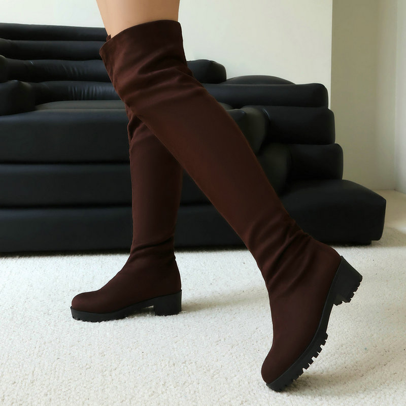Faux Suede Leather Flock Slip- - Knee High Sock Women 评论和价格